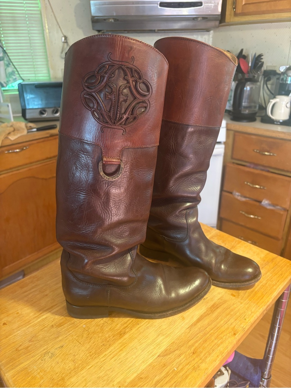 Frye Tall Brown Leather Riding Boots with Embossed Monogram size7.5